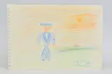a crayon on paper drawing of a sailor, his boat to the distance, signed by Reggie Kray, drawing, sold Apr 2020