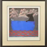'Salty', a stylised dog in a boat, a limited edition print, 239/ by Mackenzie Thorpe, print, sold Apr 2020