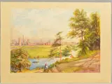 a view of Burton upon Trent from the East riverbank, with figures walking on the path and a punt on the water by Henry Warren, watercolour, sold Apr 2020