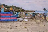 Red and Blue Windbreak, Sennan Signed and dated 6/7/~87 Watercolour over pencil 14 x 20cm Provenance: Alton Gallery, Alton, October 1987 ++Good condition by Ken Howard, Watercolour over pencil, sold Jun 2019