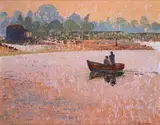 Evening, putting out to sea Signed Oil on board 40 x 50cm Provenance: The Jonleigh Gallery, Wonersh, October 1987 Mr and Mrs Bullivant Private Collection by Lionel Bulmer, Oil on board, sold Jun 2019