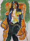 Portrait of Diane Hills seated in an orange armchairSigned by John Bratby, 1971, Oil on canvas, sold Jun 2019