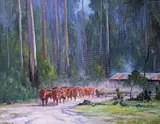 Arriving at the mill Wauchope team, North New South Wales Signed and dated 1982 Oil on board 71 x 91cm by Leonard Long Oam, 1982, Oil on board, offered Jun 2019