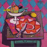 Still life of fruit in a bowl and a large plate on a tableSigned and by Leon Morrocco, Oil on board, sold Jun 2019