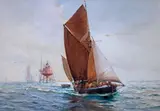 A Thames Hay Barge off the Maplin Sands Lighthouse by Montague Dawson, Watercolour, sold Jun 2019
