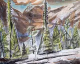 Fir trees in a mountainous landscapeSigned and dated 1949Pen by Edward Bawden, 1949, Pen, nk and watercolour heightened with white, offered Jun 2019