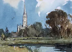 Salisbury Cathedral from the meadowsSignedWatercolour over pen and by Edward Wesson, Watercolour over pen and ink, sold Jun 2019