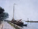 Barge Leaving the Quay, Edam, Netherlands Signed Oil on board 25 x 30cm Provenance: Artist~s label, ref by Ian Houston, Oil on board, sold Jun 2019