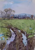 A muddy track with a ruin in the distant landscapeWatercolour on buff by Peter Biegel, Watercolour on buff paper, sold Jun 2019