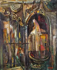 Interior of the Old Bedford Theatre, Camden Town, London Signed Oil on board 62 x 51cm With a watercolour of plaster figure and stage details from the theater by Harry Gordon, Oil on board, sold Jun 2019