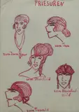 Friesuren (hairstyles) pen and pink ink on paper, mounted titled, unsigned, 31 x 21.5cm by Dorte Clara Dodo Burgner, ink on paper, sold Mar 2019