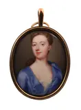 Portrait miniature of a lady, head and shoulders, in a blue and white décolleté dress Enamel, oval, in a gilt frame 42 x 34mm Provenance: Sotheby's London 1972 by Christian Friedrich Zincke, oil, sold Mar 2019