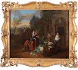 A lady and her maid at a vegetable sellers cottage by Joseph Van Aken, Oil on canvas, in a carved wood frame, sold Mar 2019