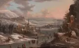 Winter landscape with skaters on a river and a distant by Johann Christian Vollerdt, Oil on panel, offered Mar 2019