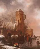 Winter landscape with figures and horses on a frozen lake near a by Klaes Molenaer, Oil on panel, sold Mar 2019