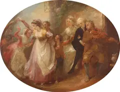 Merrymaking Oil on canvas 21 x 26.5cm; 8 x 10in Provenance: J.A.Tulk of Rosebury, Chertsey, Surrey P.D by Thomas Stothard, Oil on canvas, sold Mar 2019