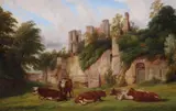 A view of Kenilworth Castle with cows in the by Thomas Baker, 1862, Oil on panel, sold Mar 2019