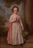 Portrait of a girl, full length, wearing a pink sash and holding a basket of apples Signed and dated 1789 Oil on canvas 107 x 76.5cm; 42 x 30in by Thomas Maynard, 1789, Oil on canvas, sold Mar 2019