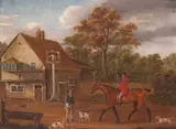 Huntsman outside a village innSigned with initialsOil on board18 by John Francis Sartorius, Oil on board, sold Mar 2019