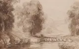 A shepherd and flock in a river landscapePencil and sepia wash15 by David Cox Snr. O.W.S., Pencil and sepia wash, sold Mar 2019