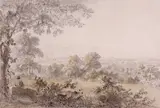 Landscape with a seated figure and cattleSigned with initialsInk by Anthony Devis, Ink and watercolour, sold Mar 2019