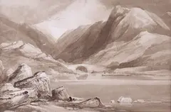 View of a bridge, in a lakeland landscape Brown washes heightened with stopping out, mounted, unframed 19 x 28cm; 7½ x 11in by Samuel Jackson, watercolor, offered Mar 2019