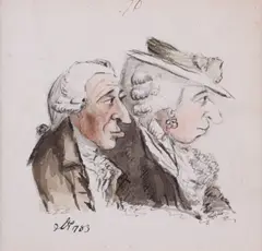 Caricature portrait of a lady and gentleman in profileSigned with initials by John Nixon, 1783, Pen, ink and watercolour, sold Mar 2019