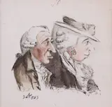 Caricature portrait of a lady and gentleman in profileSigned with initials by John Nixon, 1783, Pen, ink and watercolour, sold Mar 2019