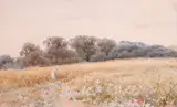 Girl seated on some steps with sunflowers; Girl in a summer field Two, both watercolour 17 x 15cm; 6¾ x 13in and 12.5 x 20cm; 5 x 8in (2) by Alice Squires, watercolour, offered Mar 2019