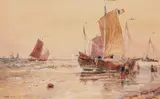 Dutch fishing smacks on the shore with boats at seaSigned and by Thomas Bush Hardy, Watercolour, sold Mar 2019