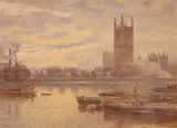 A view across the Thames to the Houses of Parliament and Westminster Abbey Signed Watercolour 28 x 37.5cm; 11 x 14¾in by Martin Snape, Watercolour, sold Mar 2019
