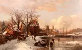 Winter scene with boats and skaters on a frozen river Signed and dated '62 Oil on canvas 73 x 117cm; 28¾ x 42in by Themistokles von Eckenbrecher, Oil on canvas, sold Mar 2019