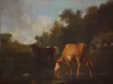 Cattle watering near a cottage; Cattle watering near shepherd and sheep A pair, both signed Both oil on canvas Each 41 x 54cm; 16 x 21¼in (2) by André Cortes, oil on canvas, sold Mar 2019