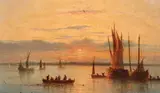 Fishermen and boats on a calm sea at sunsetOil on by Henriette Herminie Gudin, Oil on panel, offered Mar 2019