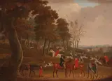 Huntsmen and hounds in a wooded landscape Oil on canvas 39 x 54cm; 15¼ x 21¼in by Withdrawn Claude Lorraine Smith, Oil on canvas, offered Mar 2019