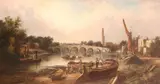 Old Kew Bridge, London with barges and river boats Signed Oil on canvas 45.5 x 81cm; 18 x 32in by William R. Stone, Stone, sold Mar 2019