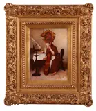 A monk repairing shoes; A monk playing the cello A pair, both signed Both oil on panel Each 37.5 x 27.25cm; 14¾ x 10¾in (2) by Pietro Lanzoni, oil on panel, sold Mar 2019