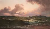Evening after the storm, Isle of Arran Signed, titled verso Oil on canvas 56 x 92cm; 22 x 36in by Thomas Rose Miles, Oil on canvas, sold Mar 2019