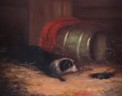 A terrier ratting in a barnSignedOil on board20 by J Langlois, Oil on board, sold Mar 2019