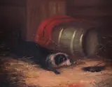 A terrier ratting in a barnSignedOil on board20 by J Langlois, Oil on board, sold Mar 2019