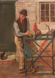 The knife grinder at his wheel watched by his catSigned and dated by John Templeton Lucas, 1878, Oil on canvas, sold Mar 2019