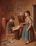 Young artist sketching his sisterSignedOil on canvas25 by E. S. Greig, Oil on canvas, sold Mar 2019