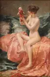 A nude seated on a bed with a Japanese dollSignedOil on canvas36 by Pierre Franc-Lamy, Oil on canvas, sold Mar 2019