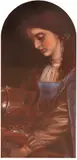 After Arthur HughesElaine with the armour of LauncelotSigned by Florence Bell, Oil on panel, in an arch mount, sold Mar 2019