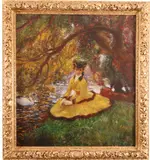 Amazone assise au bord d'un étang Signed, inscribed St by Gaston La Touche, Oil on canvas, offered Mar 2019