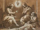 Christ in the House of Martha and Mary by Italian School, black chalk, pen and brown ink, brown wash, heightened with white on paper prepared with brown wash, offered Nov 2014