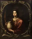 Portrait of a lady, half-length, holding a pitcher, within a painted stone cartouche by Seville, oil on canvas within a painted cartouche, sold Nov 2014