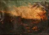 Figures and livestock in a landscape with windmill by Continental School, oil on canvas, sold Nov 2014