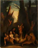 Nymphs and Leopard in a forest by German School, oil on canvas, sold Nov 2014
