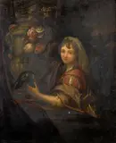 Portrait of a girl holding a parrot by German School, oil on panel, offered Nov 2014